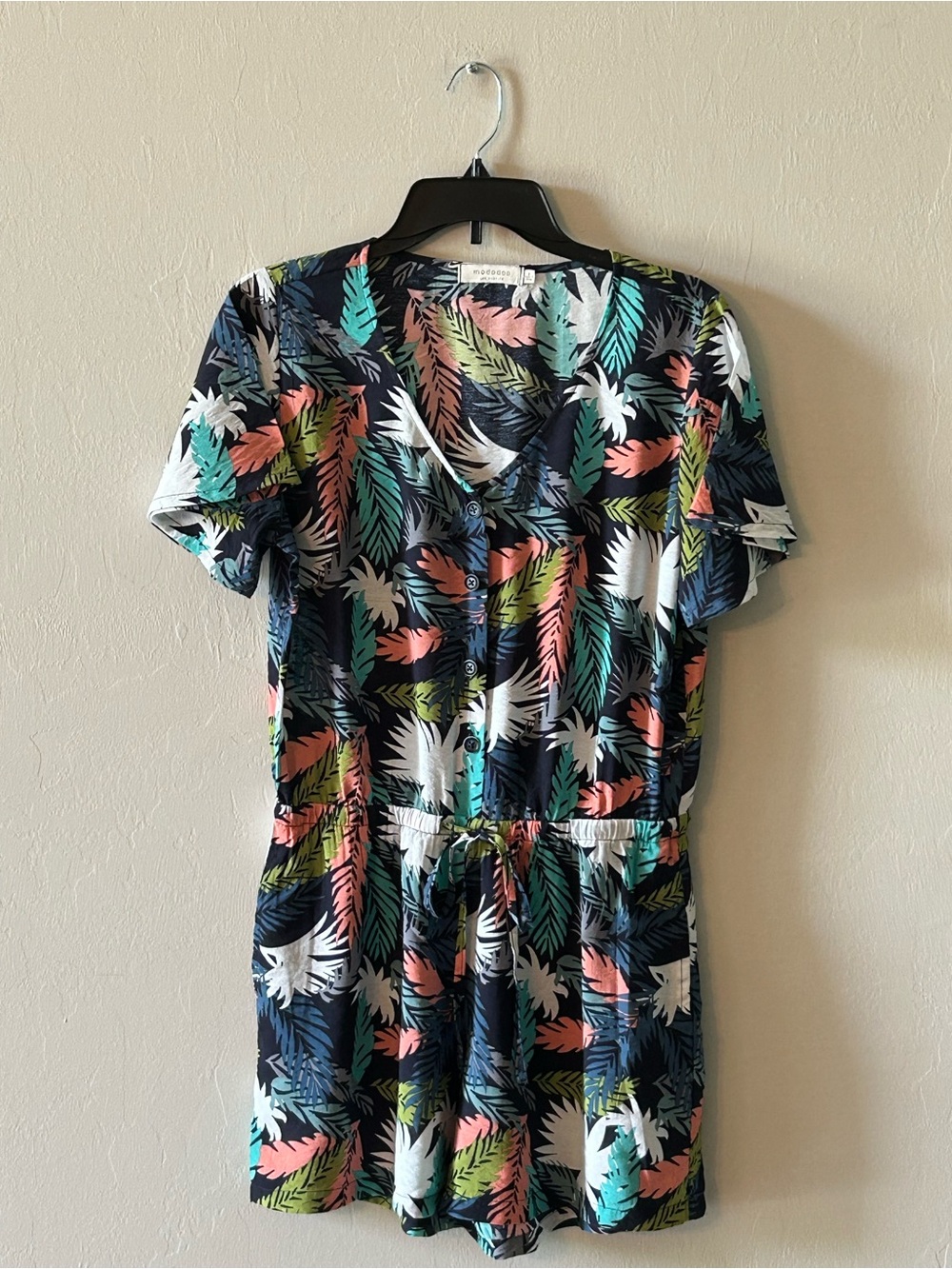 Mododoc Women's Sz S Tropical Leaf Drawstring Waist Pocket Romper Vacation Beach